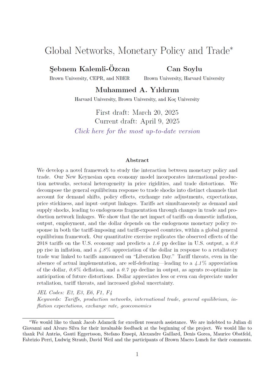 What else could be more relevant now?

"Global Networks, Monetary Policy and Trade" by Sebnem Kalemli-Ozcan, Can Soylu, and Muhammed A. Yıldırım

"We develop a novel framework to study the interaction between monetary policy and trade."

"Tariffs act simultaneously as demand and
