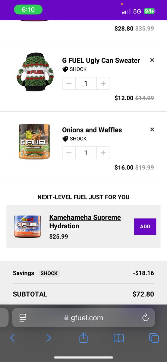 satonic_energy's tweet photo. @ES_FTW with the “MINIGOHAN” code for the free tub, my cart would make me pay $90.00 but with #codeSHOCK my free tub becomes $16.00 and my whole cart would cost $72.00 … BRO WHATTT IS THIS LOGIC @GFuelEnergy #DontGetSwindelled https://t.co/5By7FoQPOz