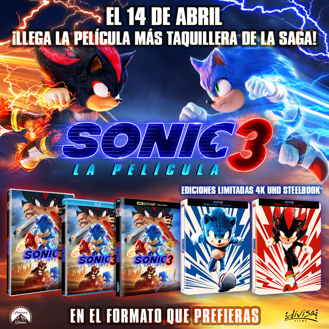 Sonic_Espana's tweet image. SONIC, KNUCKLES Y TAILS REGRESAN PARA SU AVENTURA MÁS ÉPICA HASTA EL MOMENTO,
UNA PELÍCULA LLENA DE ACCIÓN QUE YA PODÉIS DISFRUTAR EN EL FORMATO QUE PREFIRÁIS
Sonic 3: La película
📀4K Ultra HD™ + Blu-Ray™
📆Lanzamiento: 14 de abril
@DivisaFilms