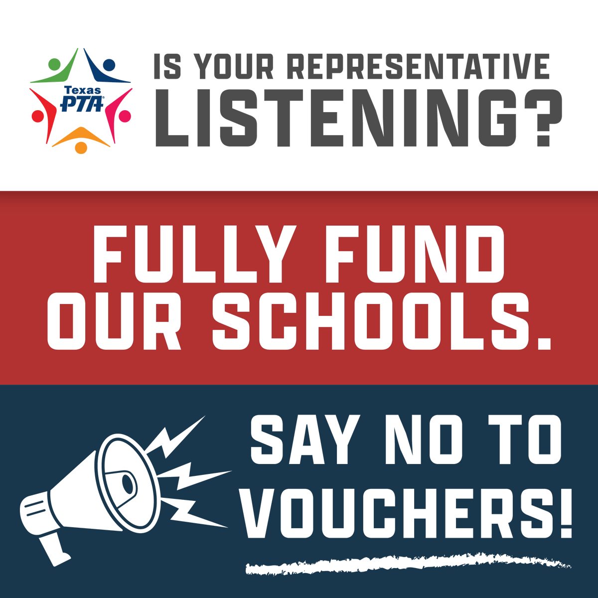 Is your representative listening? Texans say NO to vouchers! SB2 would drain $$ from public schools, lack oversight, and won’t cover full tuition. We need FULLY FUNDED public education.  

📱Act now: txpta.org/take-action?vv…

Tag your rep &amp; say you oppose ESAs + vouchers!  #TXLege