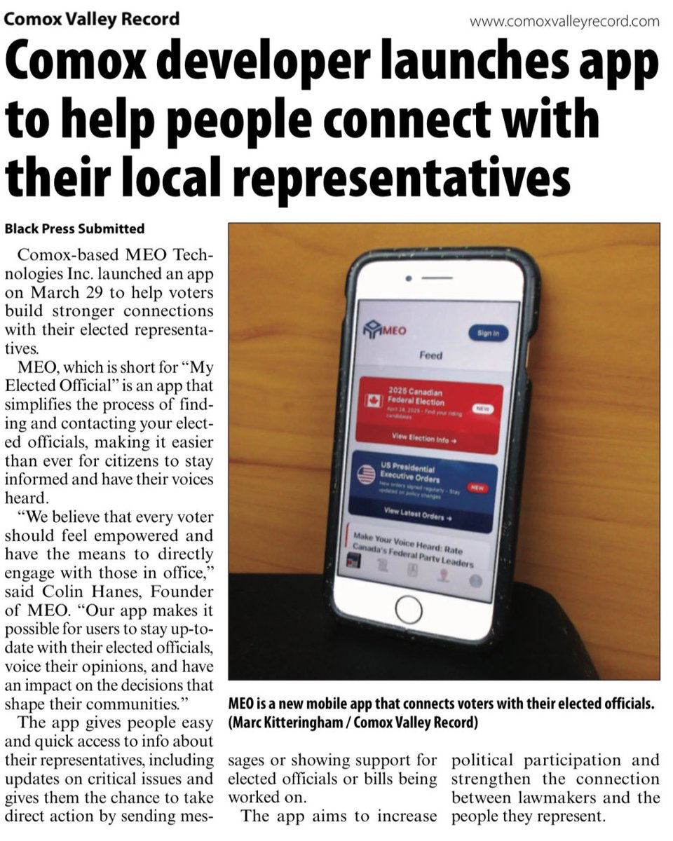 MEO_global's tweet photo. Big news! MEO (My Elected Official) just launched—and we’re featured in the Comox Valley Record!
Stay informed, contact reps, and make your voice heard—all in one nonpartisan app.
Democracy, simplified.

#MEOApp #CivicEngagement #NonPartisan #DemocracyInAction #ComoxValley https://t.co/N7sJpSH0MR