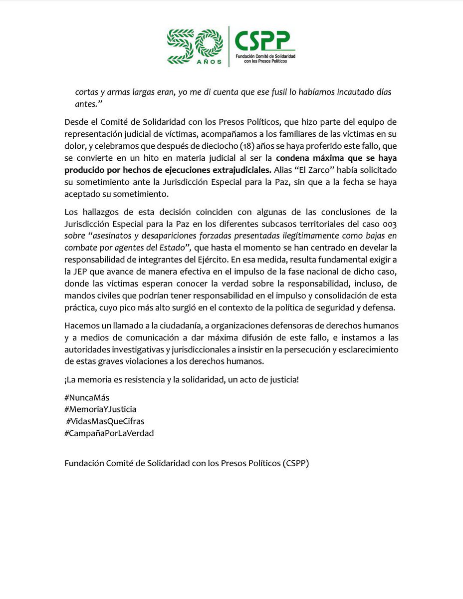 1/6⚖️HISTÓRICO | Condenado a 60 años de prisión Luis Jhon Castro alias "El Zarco", reclutador en casos de ejecuciones extrajudiciales perpetrados en el Valle del Cauca y Tolima. La #JusticiaOrdinaria reconoció su coautoría en el asesinato de 17 civiles. #MemoriaYJusticia
