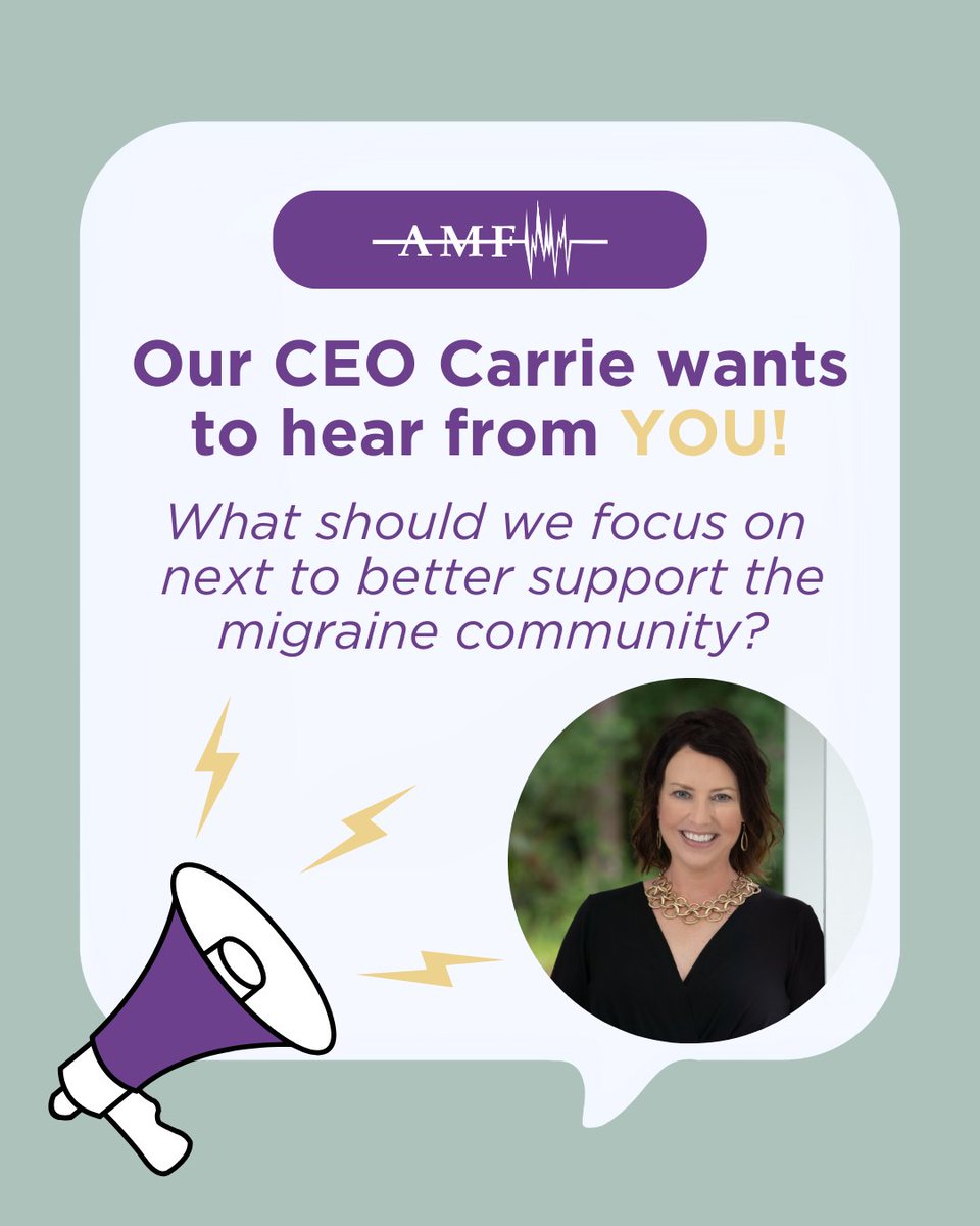 amfmigraine's tweet photo. Our CEO Carrie Howell wants to hear from YOU. ๐ฌ
What should AMF focus on next to better support the migraine community?
Reply and let us know your ideas!
#MeetTheCEO #MigraineAwareness #AMFLeadership https://t.co/6M9Ntscedr