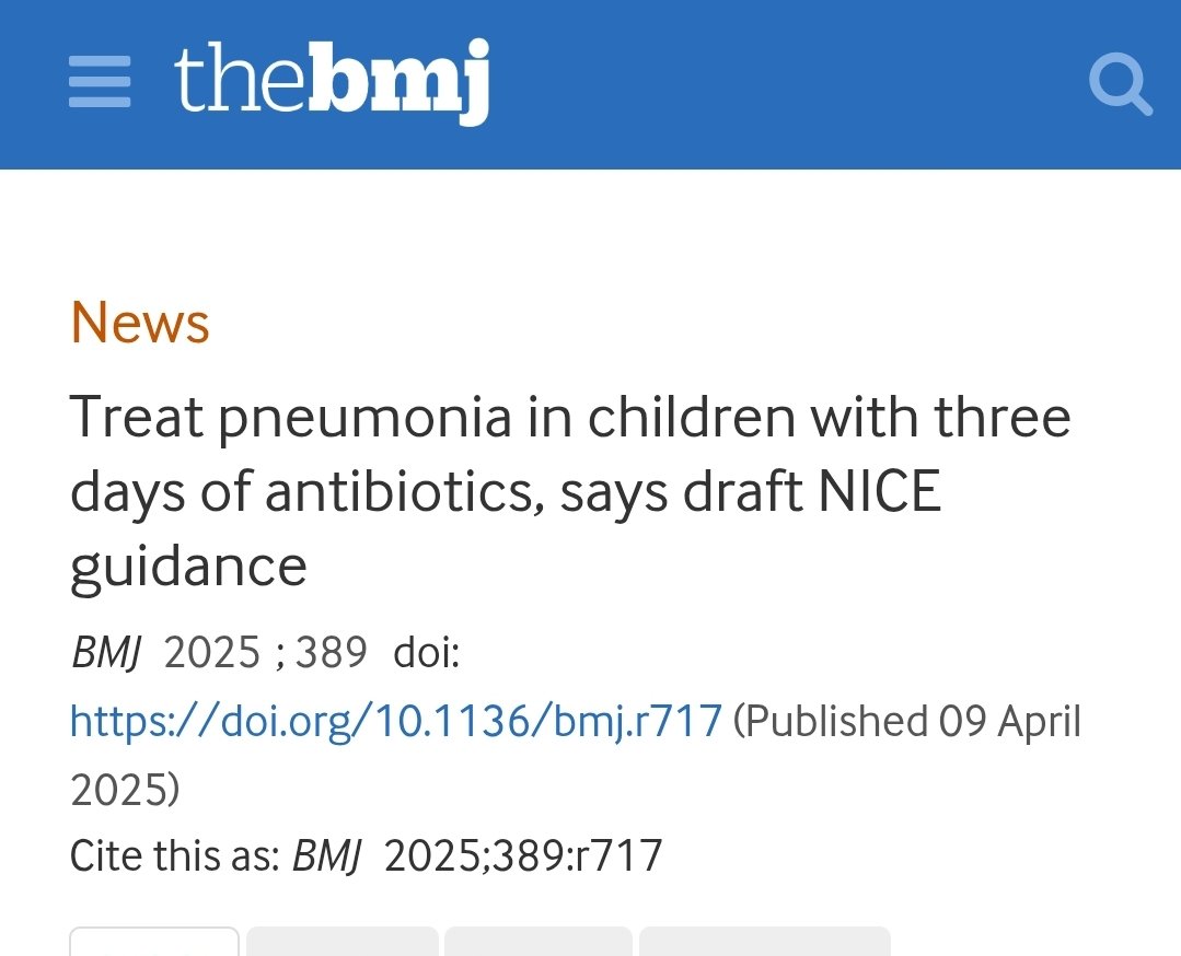 Los bebés y niños de tres meses a 11 años con neumonía 🫁 adquirida en la comunidad sin complicaciones deben recibir un tratamiento de antibióticos de 3 lugar de 5.
En las nuevas guías del NICE 📚

bmj.com/content/389/bm…