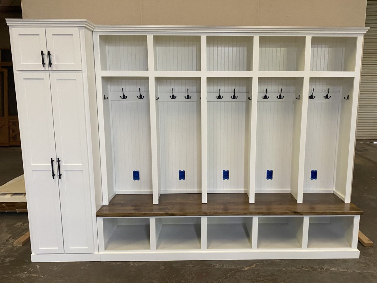 Custom Mudroom Locker &amp; Pantry organizational system. This one made with electrical boxes for customer's custom plate covers.  

What a great way to clear the chaos when kids come home with bookbags, shoes, sports equipment &amp; electronics.