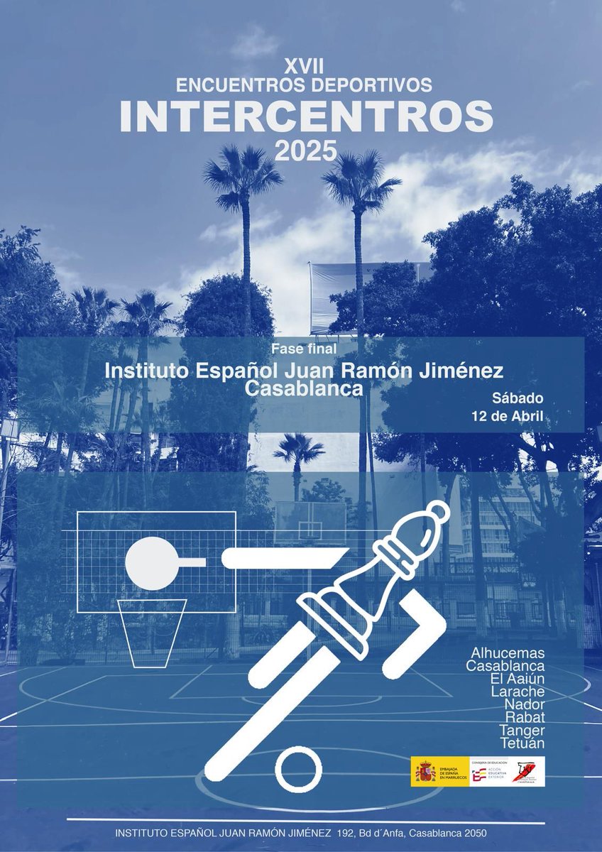 En el IE Juan Ramón Jiménez de Casablanca ya preparados para la jornada de mañana  12 de Abril  XVII Edición de Intercentros 2025 !
Os esperamos en lo que será seguro una gran jornada de convivencia y deporte.
#consejeriaeduc1 #centrosespañolesmarruecos #accioneducativaexterior