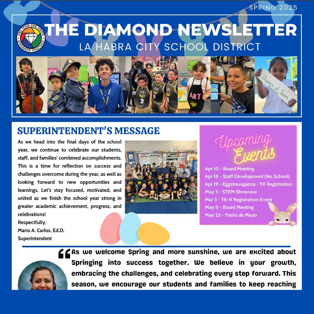 We’re excited to share the Spring 2025 edition of our Diamond Newsletter! It’s full of great stories that show the amazing things happening in our schools.
Inside, you’ll find highlights of student accomplishments, joyful moments from Read Across America, wellness activities, and