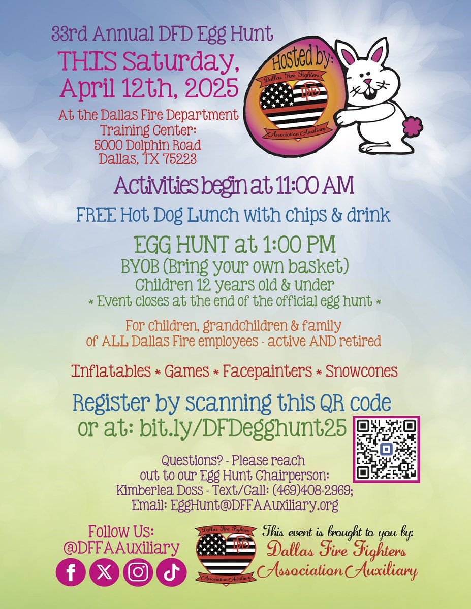 DFFAAuxiliary's tweet photo. TOMORROW, Sat. 4/12 is the BIG DAY! Remember your basket to collect eggs - Eggs hunted promptly at 1:00 pm. Weather should be beautiful! You can complete a registration form in person if you did not preregister online. See you at 11:00 am for all the fun! 🐣❤️🚒🚑 https://t.co/XmIhuF6Ohn