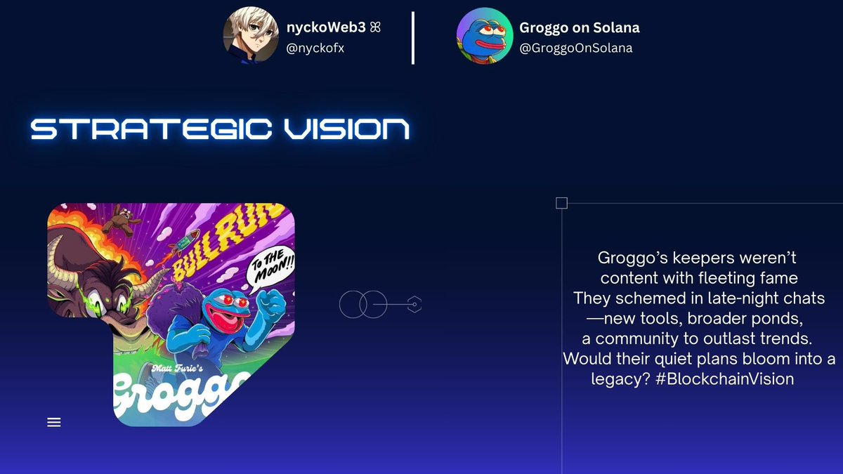 nyckodotfun's tweet image. 6/ Strategic Vision 
Groggo’s keepers weren’t content with fleeting fame. They schemed in late-night chats—new tools, broader ponds, a community to outlast trends. Would their quiet plans bloom into a legacy? #BlockchainVision