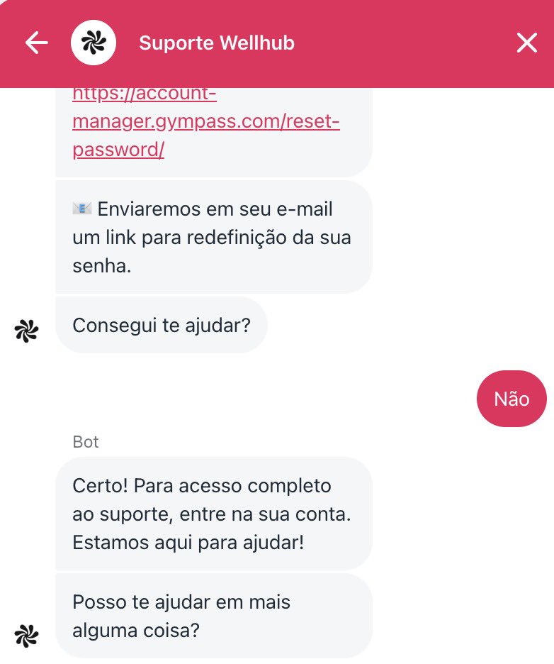 flaviotta's tweet photo. Ai você tenta resetar sua senha no @wellhub_br  (eterno Gympass), mas ele só te manda link pro login. Então, vc vai no atendimento…Pra avisar que o link não funciona. Ele te direciona pra área logada…que vc não pode acessar PORQUE NÃO CONSEGUE TER O LINK PRA RESETAR A SENHA  🤡 https://t.co/wjJSJNMfdZ