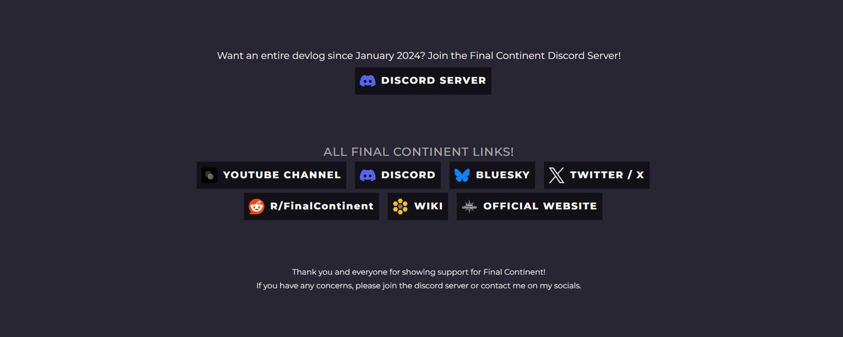 VividLycoris's tweet photo. I've just made an official website for my game Final Continent, check it out! https://t.co/fpGGdESu2i

Final Continent is an upcoming open world survival RPG, Join the discord server for early access to new content!
https://t.co/lWTlYn3PtA

#finalcontinent #rpg #gamedev https://t.co/GPxkInDXId