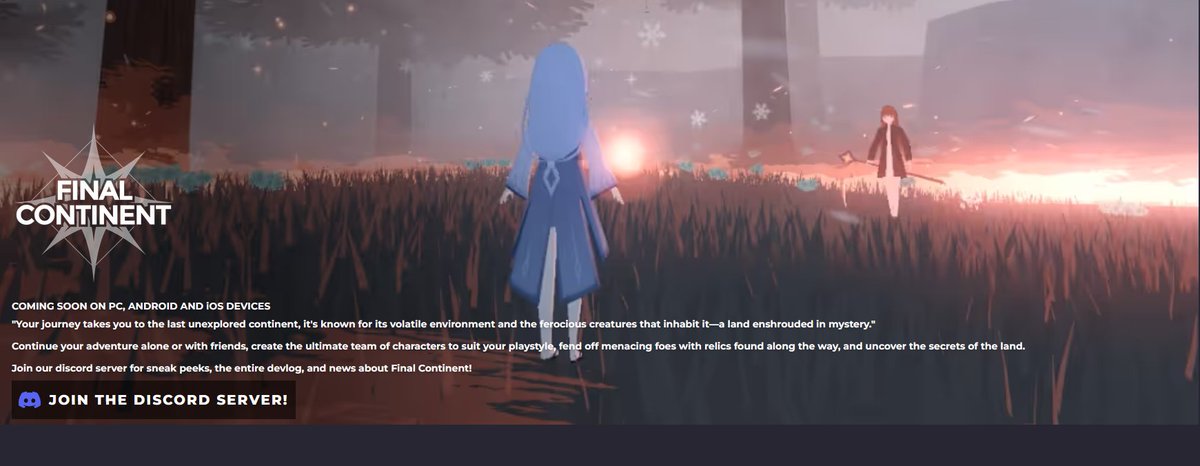 VividLycoris's tweet photo. I've just made an official website for my game Final Continent, check it out! https://t.co/fpGGdESu2i

Final Continent is an upcoming open world survival RPG, Join the discord server for early access to new content!
https://t.co/lWTlYn3PtA

#finalcontinent #rpg #gamedev https://t.co/GPxkInDXId