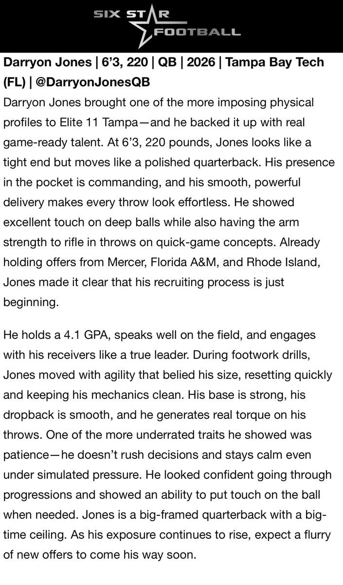 DarryonJonesQB's tweet image. Thanks to @Elite11 for an opportunity to compete and @sixstarfootball for the mention! @QBHitList