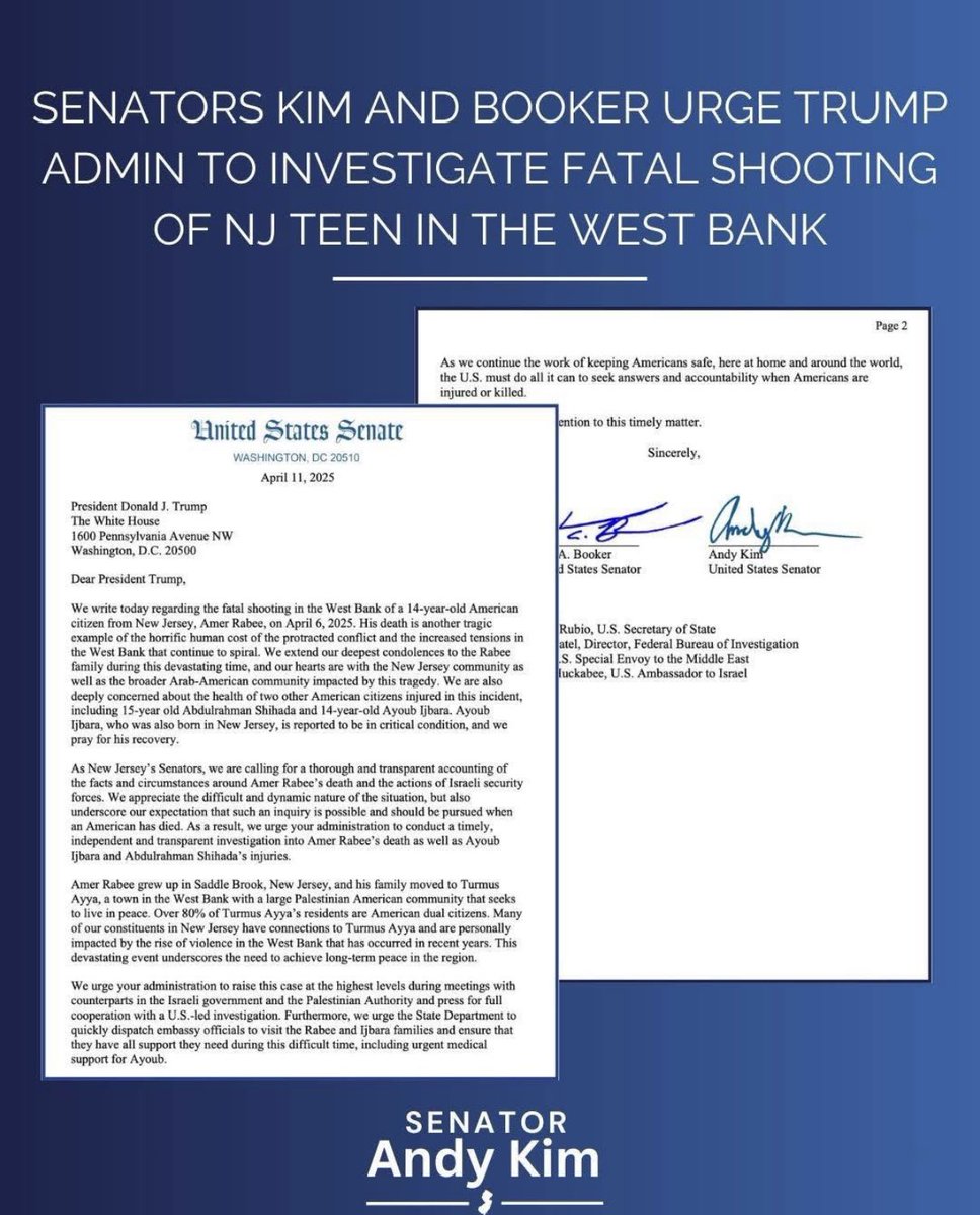 Palestinian American CC (@paccusa) on Twitter photo MAJOR UPDATE: After meetings with <a href="/SenBooker/">Sen. Cory Booker</a> & <a href="/AndyKimNJ/">Andy Kim</a>, both are calling on the White House for a US-led investigation into the killing of U.S. citizen Amer Rabee by Israel.
We also helped facilitate a meeting between his father & <a href="/SenBooker/">Sen. Cory Booker</a> & <a href="/AndyKimNJ/">Andy Kim</a>
#JusticeForAmer MAJOR UPDATE: After meetings with <a href="/SenBooker/">Sen. Cory Booker</a> & <a href="/AndyKimNJ/">Andy Kim</a>, both are calling on the White House for a US-led investigation into the killing of U.S. citizen Amer Rabee by Israel.
We also helped facilitate a meeting between his father & <a href="/SenBooker/">Sen. Cory Booker</a> & <a href="/AndyKimNJ/">Andy Kim</a>
#JusticeForAmer