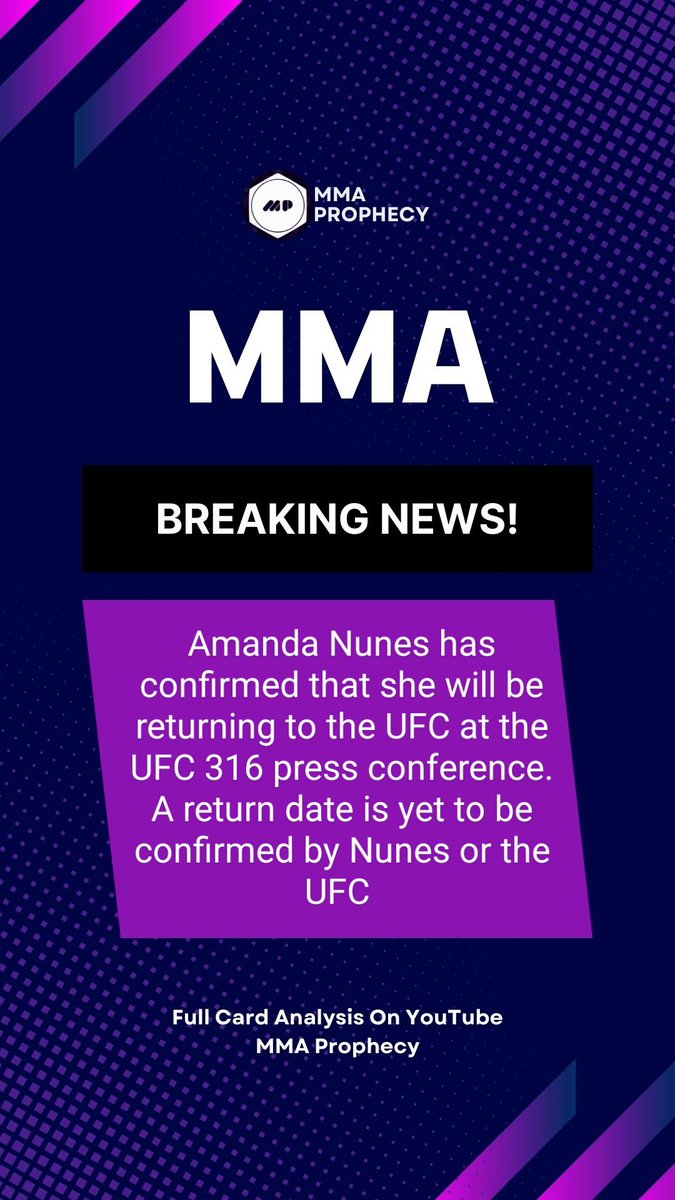 MMAprophecy's tweet photo. AMANDA NUNES HAS CONFIRMED THAT SHE WILL BE RETURNING TO THE UFC!
#ufc #ufcnews #mma #mmaprophecy #amandanunes #mmanews https://t.co/hxpDu3BkJw
