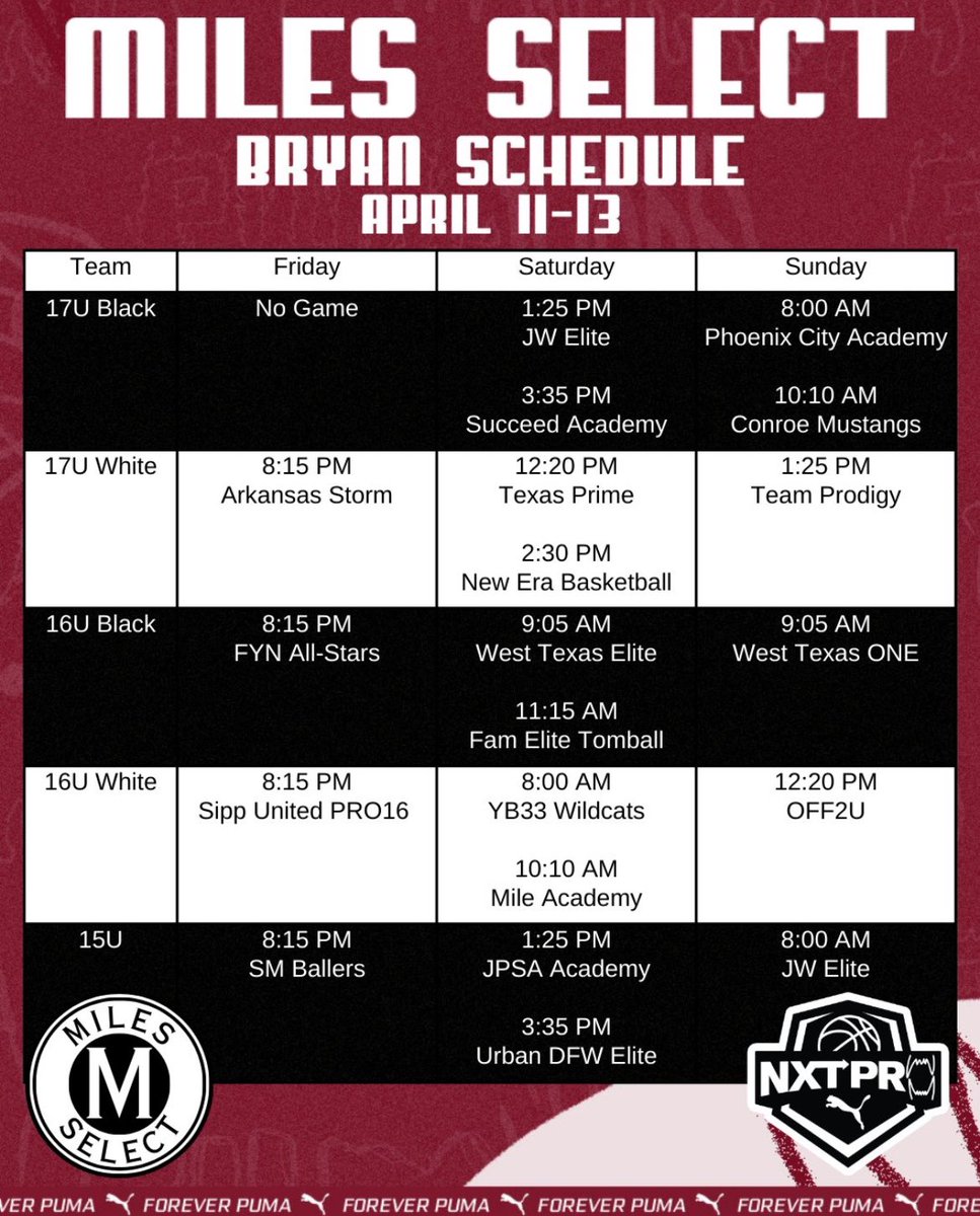 Puma Session 3
Bryan Tx
17u white
<a href="/MilesSelect/">Miles Select</a> <a href="/NxtProHoops/">NXTPRO Hoops</a>