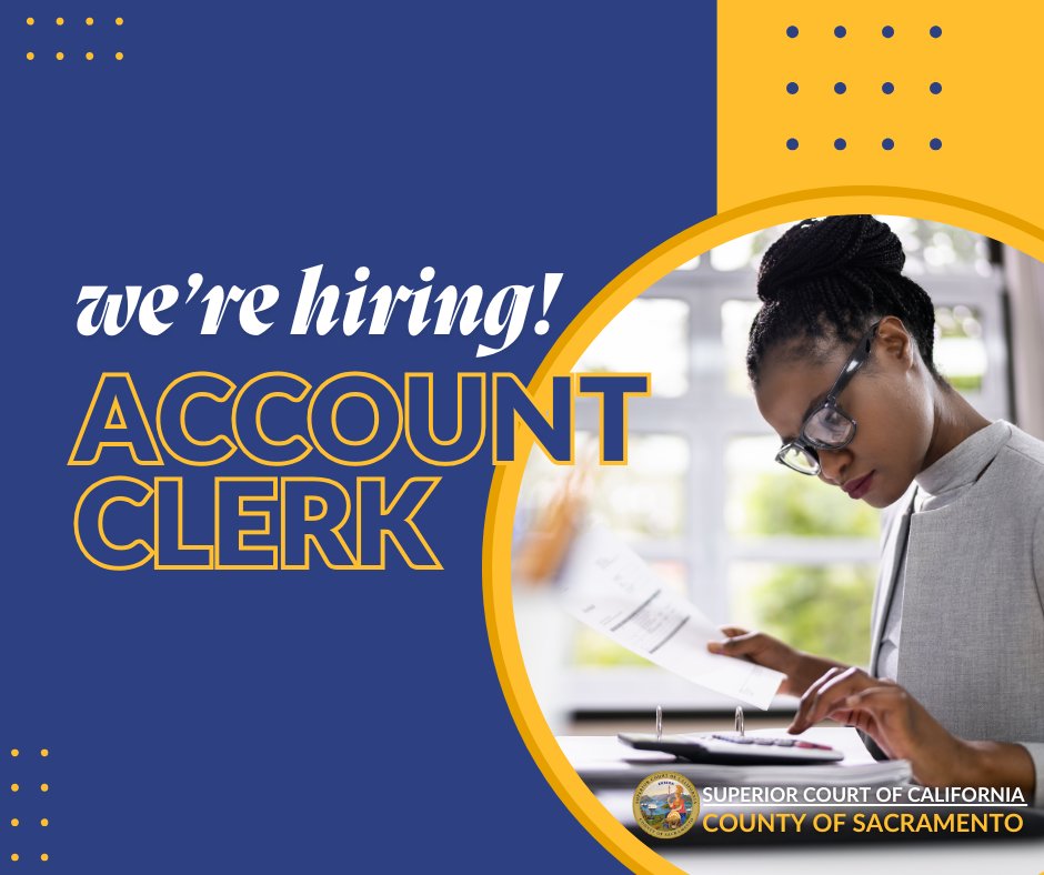 Sacramento Superior Court is recruiting for an Account Clerk. This recruitment is scheduled to close on 4/17/2025. You can learn more about this job and the court's benefits package and apply online at bit.ly/saccourtsjobs. #superiorcareers