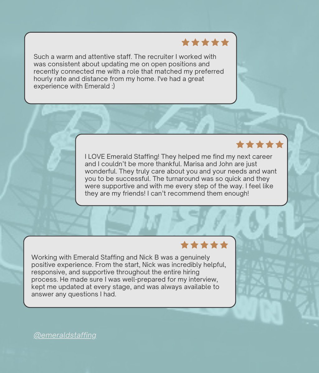 Grateful for our candidates' fantastic feedback on Emerald Staffing! Thank you! 

Enjoyed your experience? Share a Google review to help us grow! 🤍

👉🏻 Your feedback helps us continue to grow and support more amazing talent like you! 

#StaffingGoals #JobSuccess #HiringSolutions