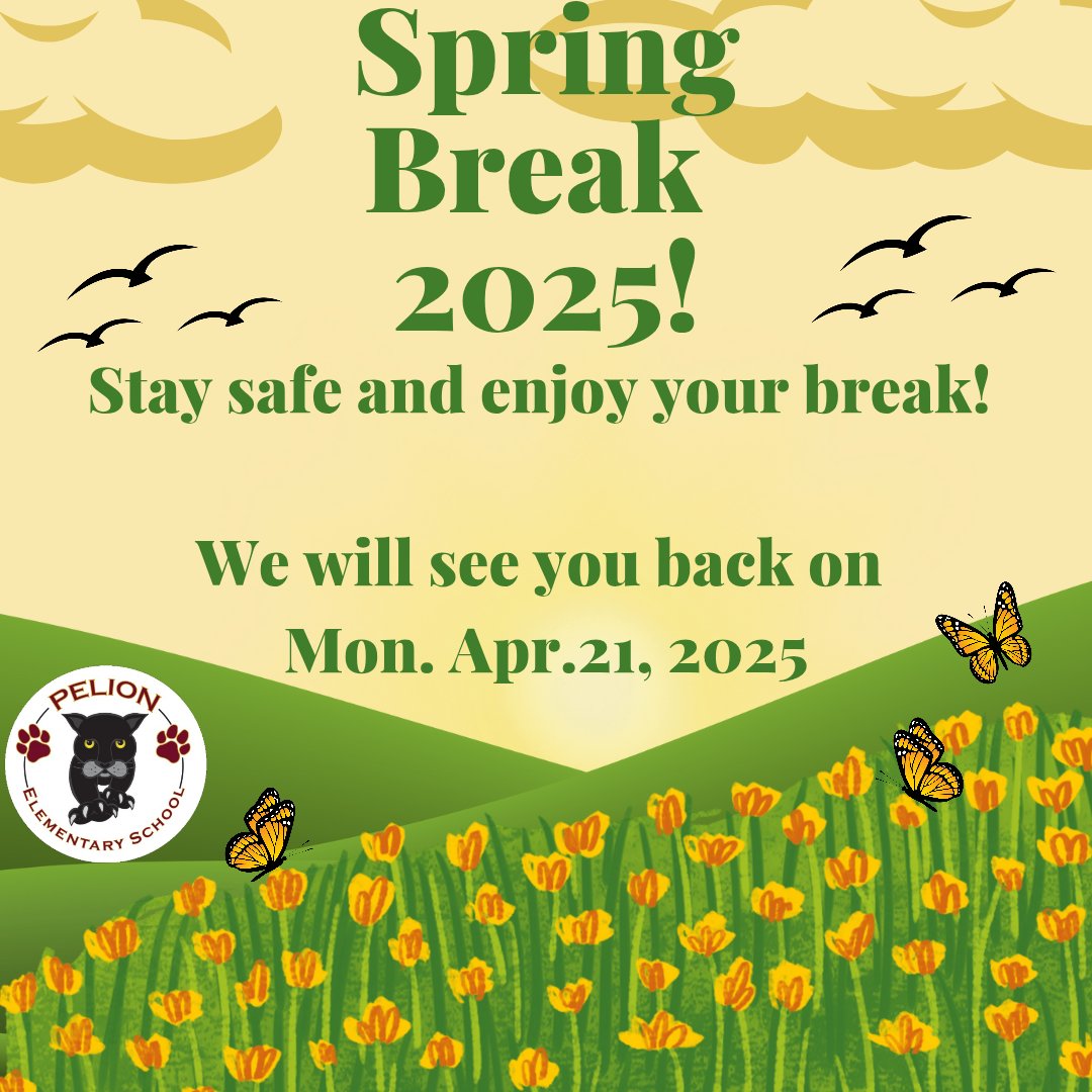 Pelion Elementary (@pes_panthernews) on Twitter photo Attention PES Family! We made it! Spring Break 2025! Relax, Refuel, and Stay Safe! We will see you on Monday, April 21, 2025! #PantherPRIDE #WinTheDay <a href="/principalgerald/">Francina</a> <a href="/ShirleyWaldy/">Shirley Waldy</a> <a href="/DeanneRicard/">Deanne Ricard</a> Attention PES Family! We made it! Spring Break 2025! Relax, Refuel, and Stay Safe! We will see you on Monday, April 21, 2025! #PantherPRIDE #WinTheDay <a href="/principalgerald/">Francina</a> <a href="/ShirleyWaldy/">Shirley Waldy</a> <a href="/DeanneRicard/">Deanne Ricard</a>
