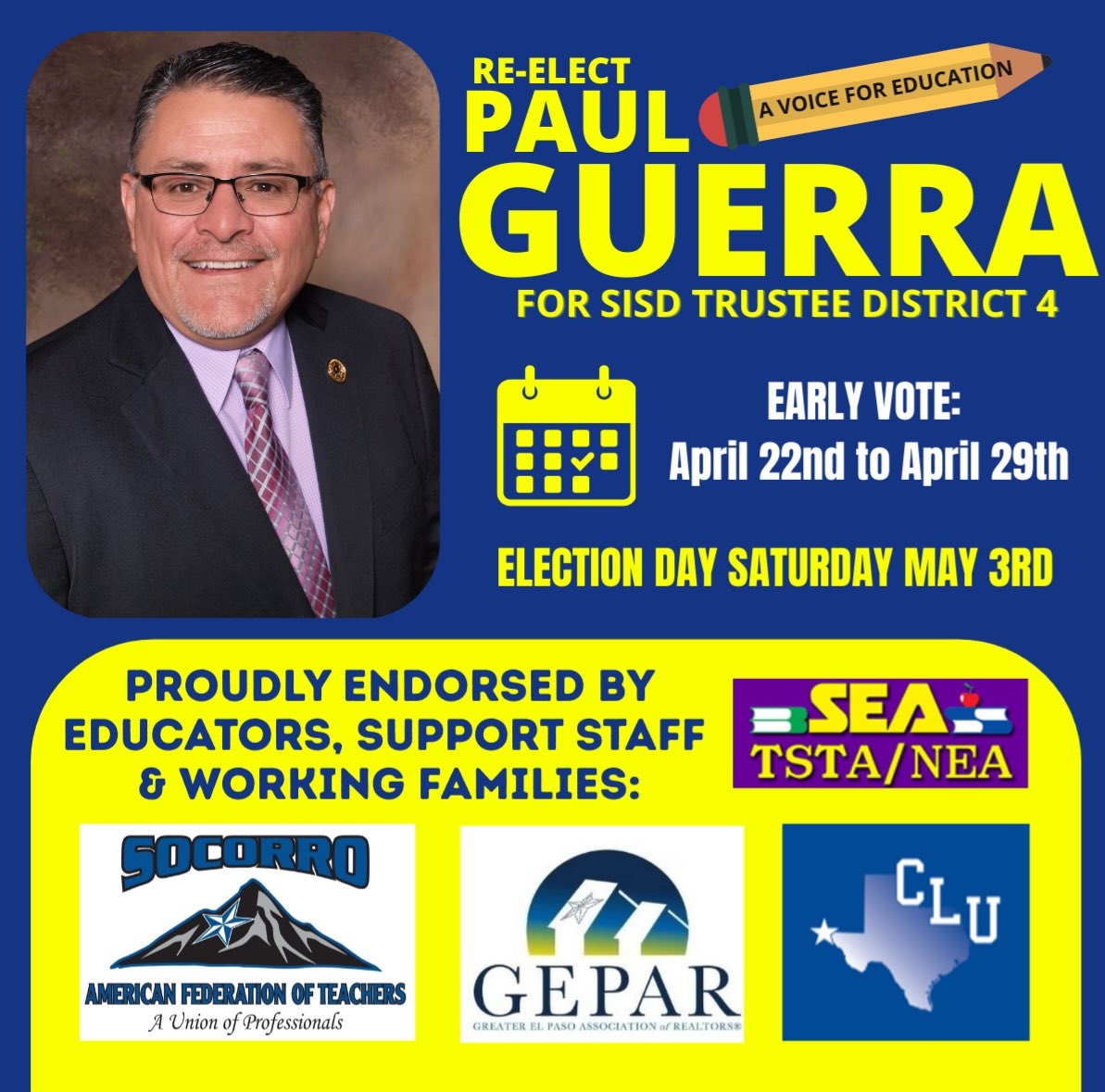 I’m honored to be endorsed by both SISD teachers unions, Socorro Aft and Socorro Education Association.  The biggest endorsement is you the District 4 Voter. 

Early Vote: April 22nd to April 29th
Election Day: May 3rd

🗳️ Vote Paul Guerra.

#TeamSISD #TeamGuerra