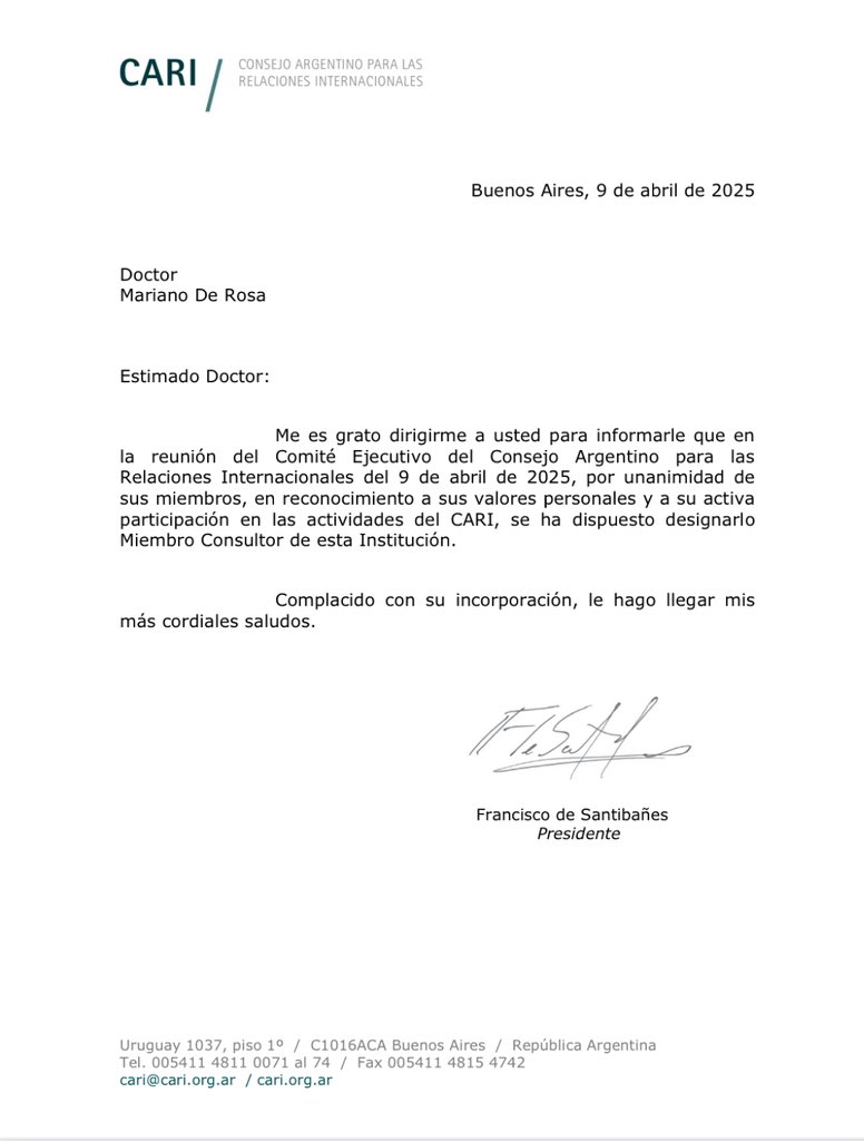 marianoderosa's tweet photo. Muy contento por haber sido incorporado como Miembro Consultor del @CARIconsejo , una institución que contribuye y aporta a mi formación profesional y académica desde que comencé mi carrera como estudiante. https://t.co/3uv4UlCUun