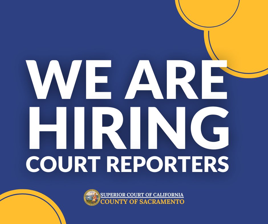 Sacramento Superior Court is hiring Court Reporters for all locations. You can learn more about this job and the court's benefits package and apply online at bit.ly/saccourtsjobs. #superiorcareers