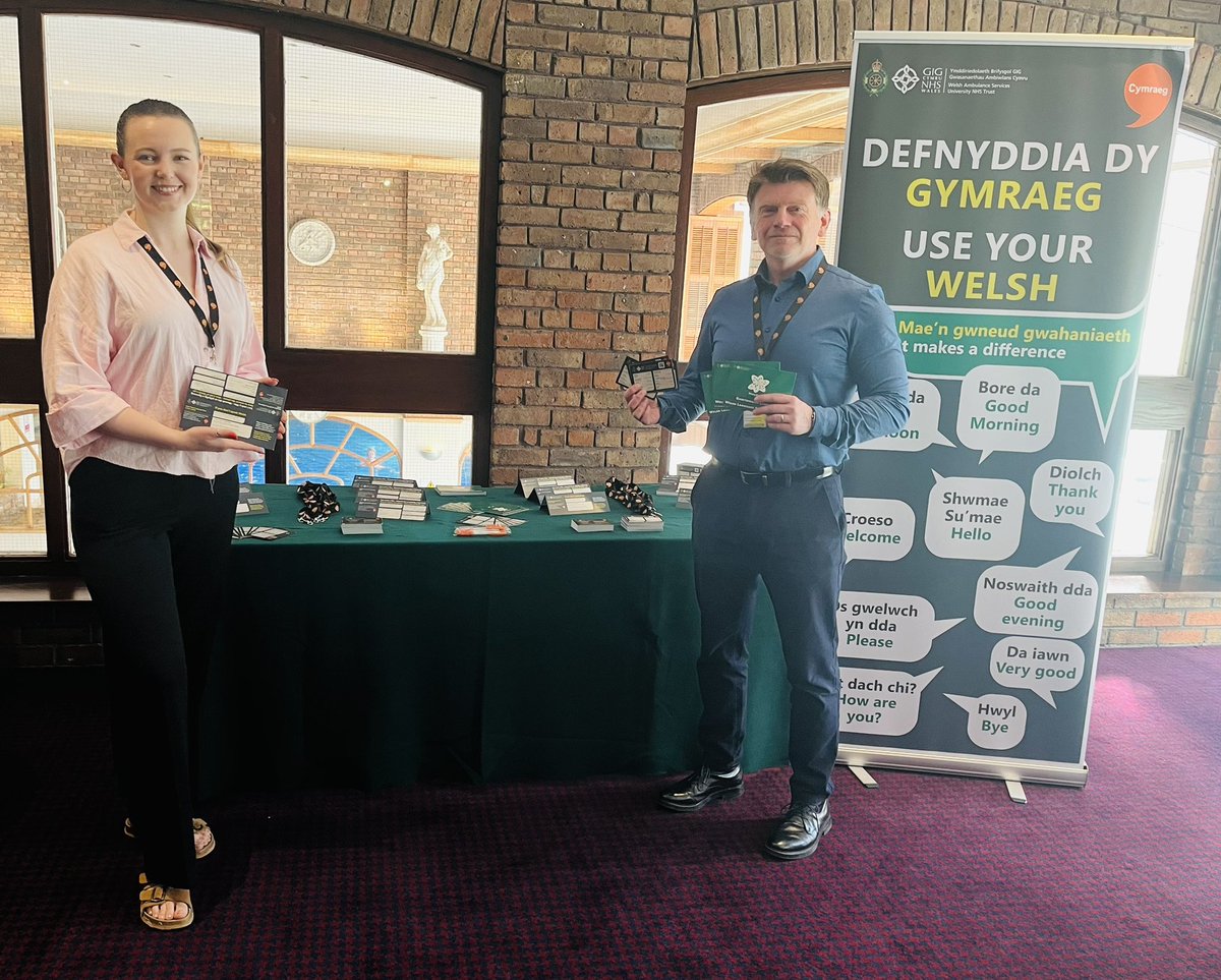 LTrounce's tweet photo. Well done to CorGov🪩colleagues, Melvyn &amp; Kate, hosting the Welsh Language carousel at the @WelshAmbulance Spring CEO Roadshow in Cwmbran today 😊 Promoting Welsh Language &amp; supplying colleagues with useful ‘merch’ to increase its use in the workplace 🏴󠁧󠁢󠁷󠁬󠁳󠁿🚑#TeamWAST #Cymraeg https://t.co/4dXiP2JLlc