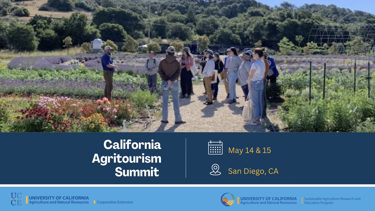 Ag&Natural Resources (@ucanr) on Twitter photo Join us at the California Agritourism Summit!
Connect with farmers, tourism pros & community leaders to shape the future of #agritourism in California. Panels, tours, tools & more—happening in #SanDiego.
<a href="/sarep_ag/">SAREP Sustainable Ag Research & Education Program</a>
<a href="/UCCESanDiego/">UCCE San Diego</a>
Register by April 30🔗 bit.ly/3EiAJOK Join us at the California Agritourism Summit!
Connect with farmers, tourism pros & community leaders to shape the future of #agritourism in California. Panels, tours, tools & more—happening in #SanDiego.
<a href="/sarep_ag/">SAREP Sustainable Ag Research & Education Program</a>
<a href="/UCCESanDiego/">UCCE San Diego</a>
Register by April 30🔗 bit.ly/3EiAJOK