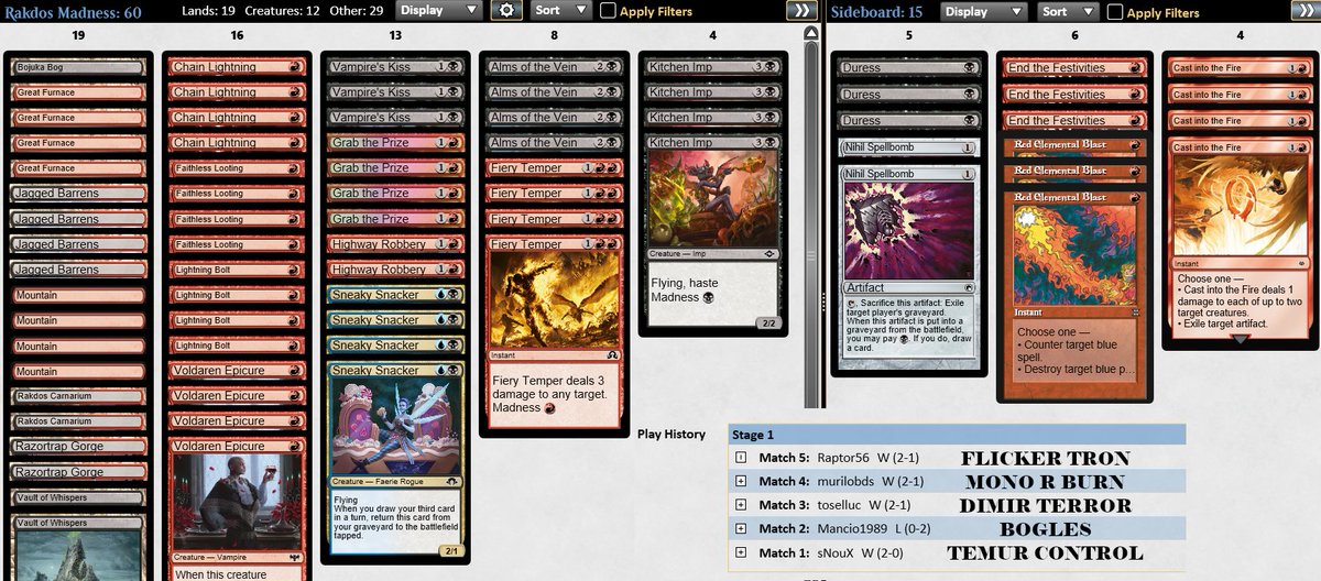 Metagame is a little bit unstable after the recent ban/unban updates and I think that Rakdos Madness is a pretty solid pick while things are still evolving. 

A couple of Extract a Confession would've surely helped vs Bogles.

#mtg #mtgpauper <a href="/PauperDecklists/">Pauper 5.0</a> <a href="/fireshoes/">Robert Taylor🔥</a>