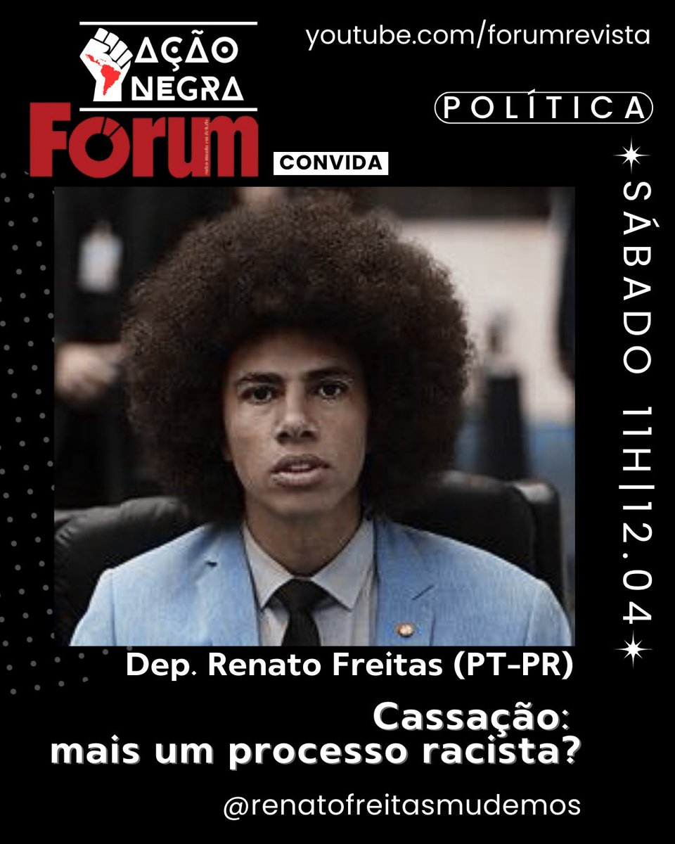 O dep. Renato Freitas é nosso convidado no Ação Negra da TV Fórum nesse sábado, dia 12/04, a partir das 11h. Não perca! youtube.com/watch?v=d09L89…