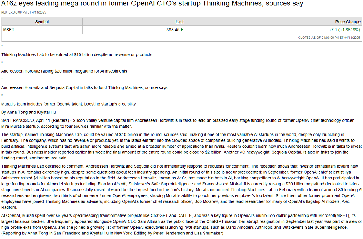 A16z eyes leading mega round for Thinking Machines -sources
A16z is in talks to lead a major early-stage funding round for Thinking Machines valuing the company at $10B, the new AI startup by former OpenAI CTO Mira Murati
$NVDA $META $GOOGL $ORCL $TEM $SOXL $ALAB