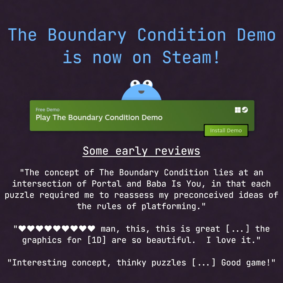 The Boundary Condition Demo is out now on Steam!

Try it out: store.steampowered.com/app/2141790/Th…

#indiedev #puzzlegame #IndieGameDev #Steam #theboundarycondition #3d2d1d #dimensions