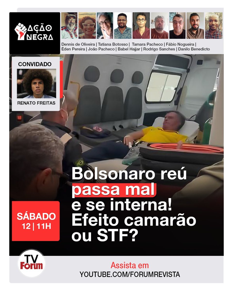 Bolsonaro reú passa mal e se interna! Efeito camarão ou STF? No Ação Negra deste sábado, dia 12/04, às 11h. Nosso convidado, dep. Renato Freitas está sofrendo um processo de cassação de seu mandato na assembleia legislativa do Paraná e topou conversar com a gente. Não perca!