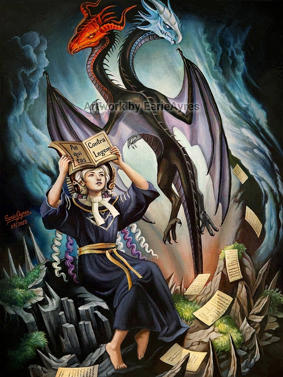 EerieAyres's tweet photo. Aequitas contra legem

My OC Judge Tiernan and my new dragon OC, Cruel Existence. 

His dueling heads of fire and ice represent all the moral contradictions with the world, and he wants you to know it (and despair!).

#OC #TraditionalArt #FantasyArt #DragonArt #ArtistOnTwitter https://t.co/23Arua0a0u