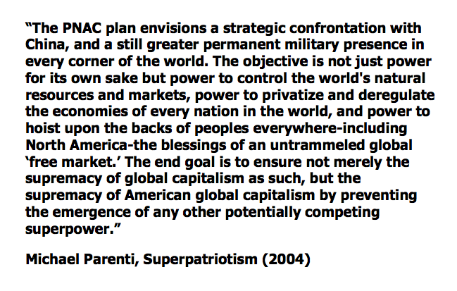 When Parenti here speaks about "the PNAC plan", he is referring to the Project for the New American Century, a neoconservative think tank notorious for its role in pushing Washington toward its massive increase in interventionism in the middle east after 9/11. The same vision