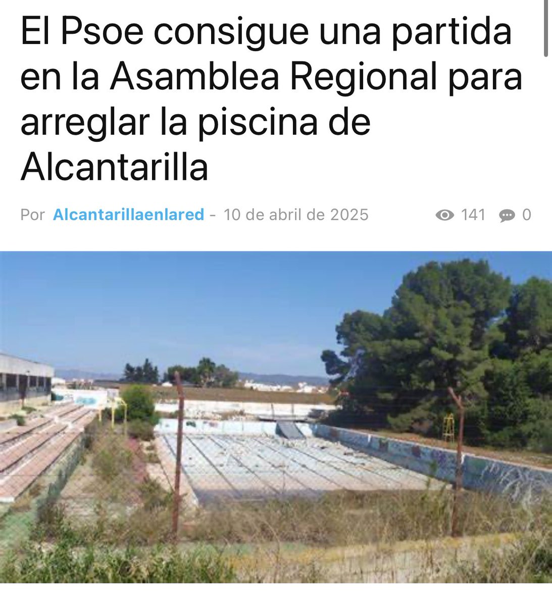 JaviCL977's tweet photo. #Alcantarilla está mucho más cerca de tener una piscina municipal de verano, gracias a la iniciativa del @PSOE_RM en la Asamblea Regional.
 
✅ Después de muchos intentos, mociones y enmiendas, se aprueba por unanimidad que la CARM establezca una partida presupuestaria para ello. https://t.co/3zAbIgaG8q