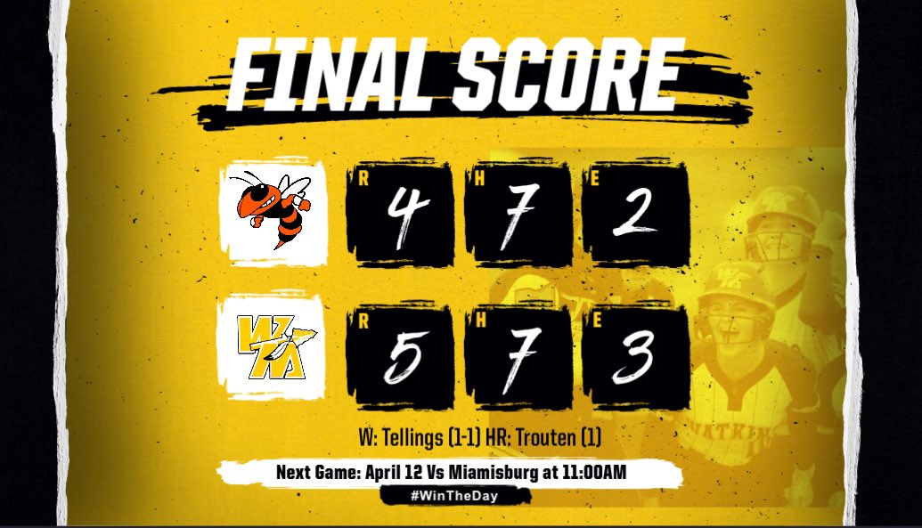 We get to 1-0 over a great team!! #WonTheDay
Kyliee with a 2 run bomb in the bottom of the 6th to win us the game and Kendal pitched very well!

Trouten 2-4, 2Rbi, 2R, HR
Weber 2-3, R
Langwasser 1-4, 2B
Gerhardt 1-3, 2R, 2B

Tellings (W) 7in, 7H, BB, 4R, 3ER