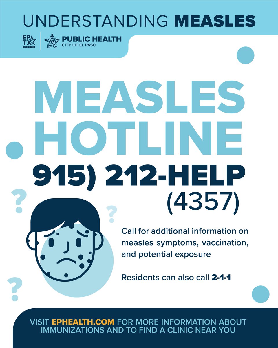 With measles cases present in El Paso it is important to stay informed on ways to protect yourself and your loved ones. If you have questions about measles, or a possible contamination please be sure to call 915-212-HELP or 211.