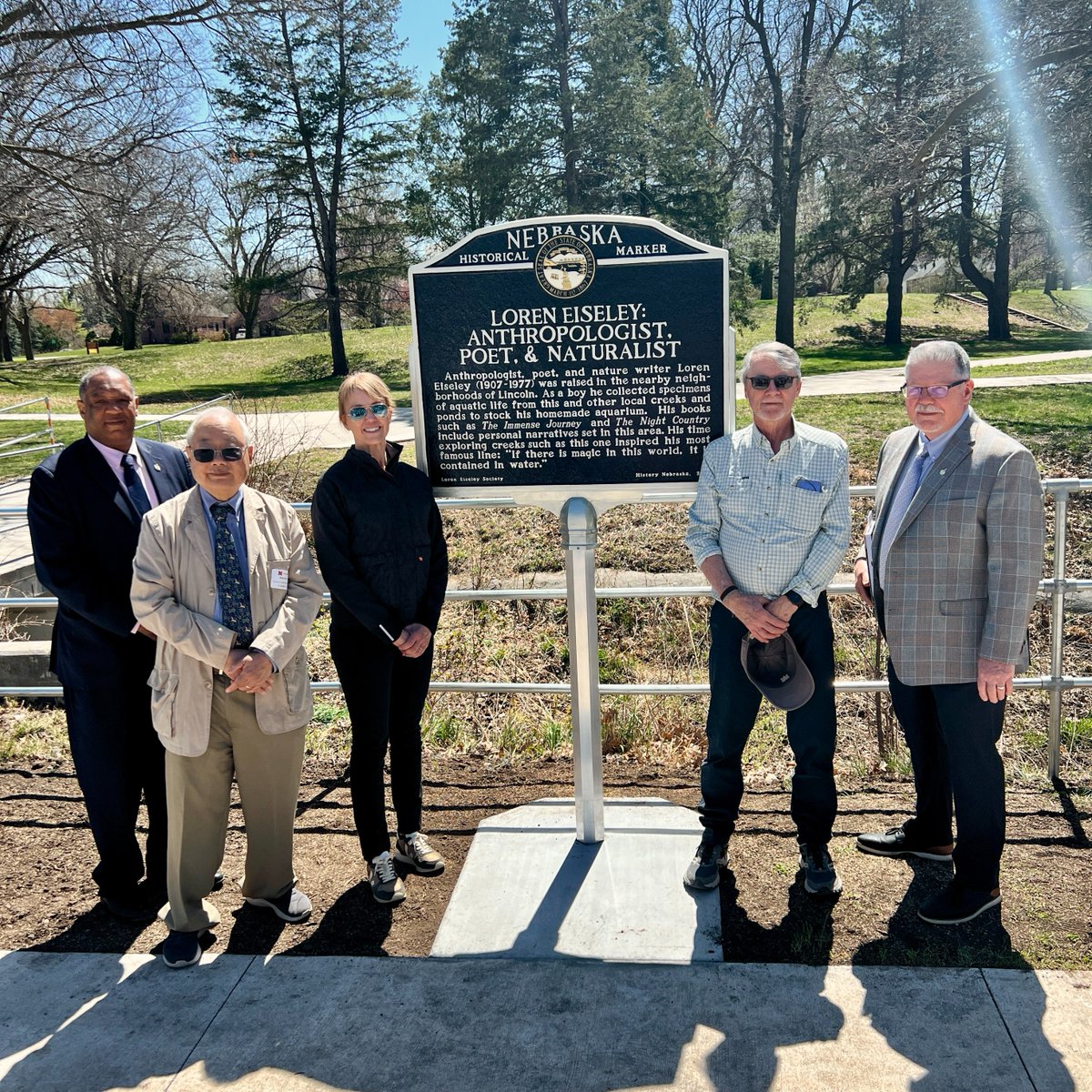 Look what we unveiled today at Irvingdale Park! 🌳📚

Want to dive deeper into Loren Eiseley’s story? Visit the month-long display at Eiseley Library. Curated by the Heritage Room of Nebraska Authors, the exhibit features photos and books that explore how Lincoln shaped his work.