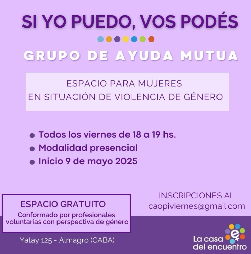 Casadelencuentr's tweet photo. La Casa del Encuentro comenzará con el Grupo de Ayuda Mutua para Mujeres en Situación de Violencia de Género.
Se llevará a cabo desde el 9/5, los viernes de 18 a 19hs. Abierto a la comunidad con entrevistas de admisión.
Inscribirse en caopiviernes@gmail.com
Gracias por difundir! https://t.co/iViSNo7tLo
