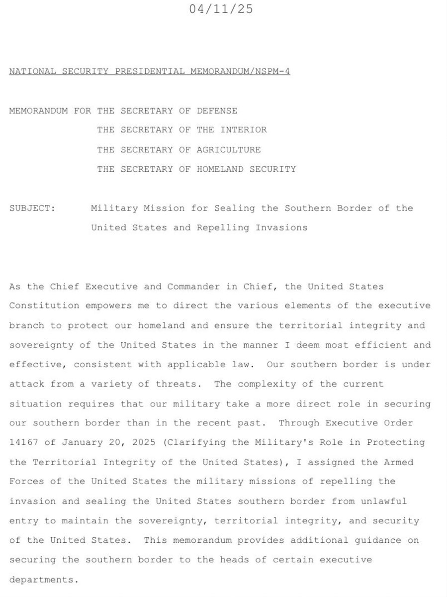nicksortor's tweet photo. 🚨 #BREAKING: President Trump has just authorized the military to occupy and TAKE CONTROL of public land along the southern border

THIS is the way! 🔥

“Our southern border is under attack from a variety of threats. The complexity of the current situation requires that our military take a more direct role in securing our southern border than in the recent past,” Trump said in a memo.