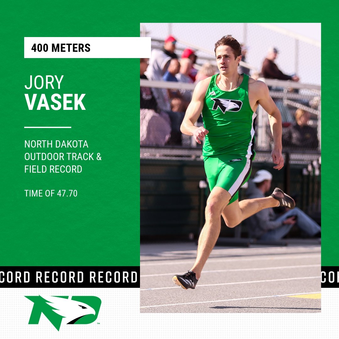 UNDtrackfieldXC's tweet photo. 🚨 SCHOOL RECORD! 🚨

Jory Vasek wins the 400-meter title at the NDSU Spring Invitational and breaks the school record with a time of 47.70! He broke the record of Jesse Fenstermacher, who set it at 47.82 in Fargo in 2012!

#UNDproud | #LGH | #RecordBreakingHawk https://t.co/jcl9ReoIrI