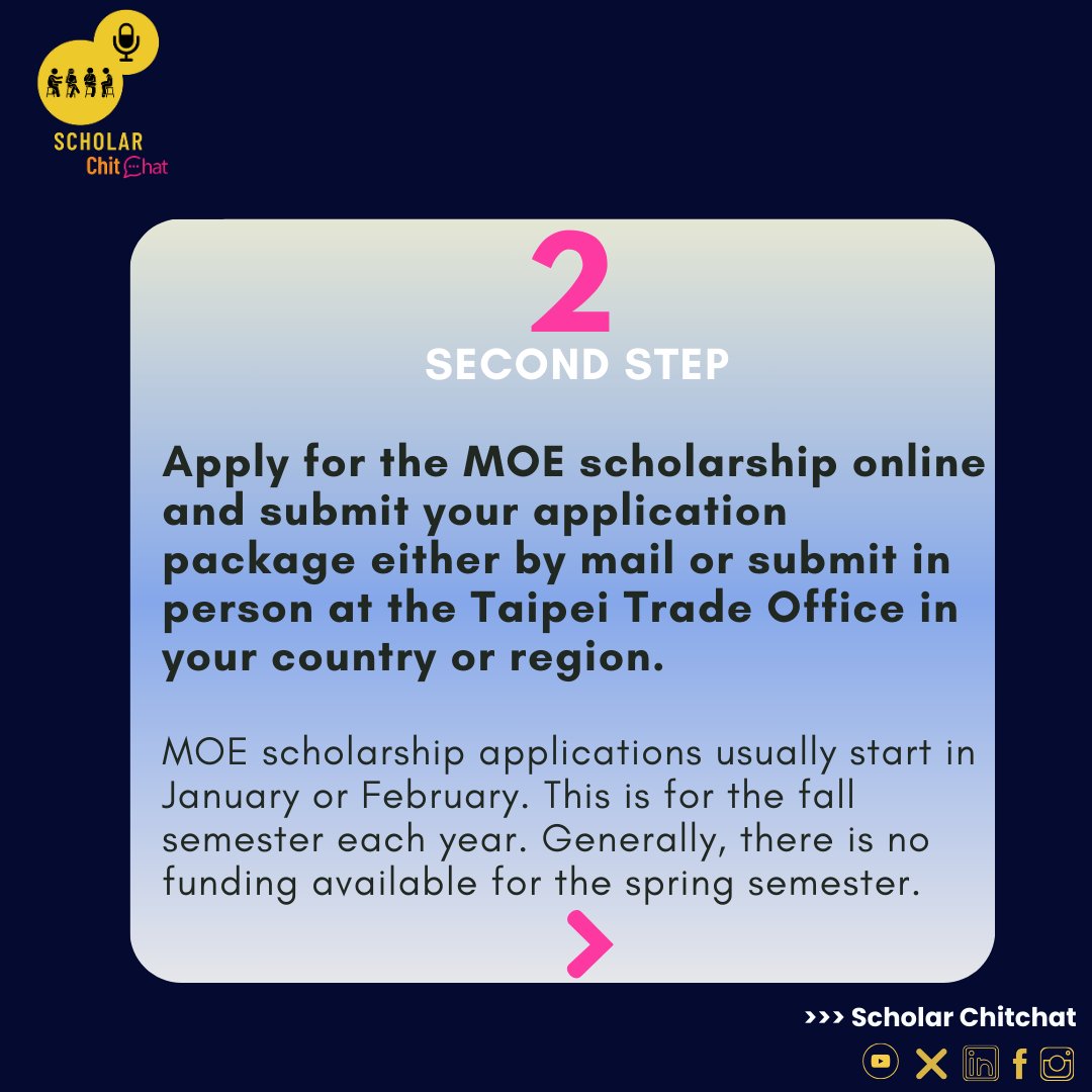 ScholarChitChat's tweet photo. Your guide to applying for the Taiwan graduate funding! Swipe through for key steps.
#scholarchitchat
#MOEScholarship
#StudyAbroad
#ScholarshipTips
#InternationalStudents
#TaiwanEducation
#HigherEducation
#ApplicationProcess
#StudyInTaiwan
#Opportunity
#EducationGoals https://t.co/gtf2ttEwwm