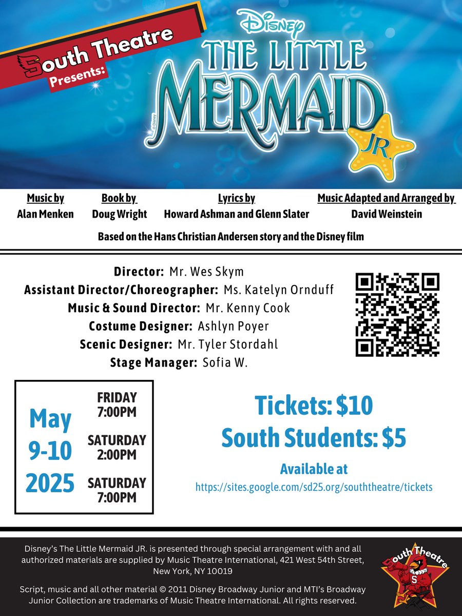 Mr. Skym (@wesskym) on Twitter photo Tickets for The Little Mermaid Jr are on sale NOW! Come support #SouthTheatre next month 5/9-5/10.
sites.google.com/sd25.org/south…
<a href="/AHSD25South/">South Middle School</a> <a href="/ahsd25/">ArlingtonHeightsSD25</a> Tickets for The Little Mermaid Jr are on sale NOW! Come support #SouthTheatre next month 5/9-5/10.
sites.google.com/sd25.org/south…
<a href="/AHSD25South/">South Middle School</a> <a href="/ahsd25/">ArlingtonHeightsSD25</a>