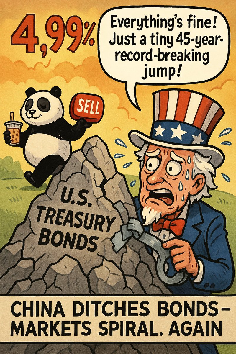 ScalpingWolfR's tweet photo. 🇨🇳 China may be dumping U.S. Treasuries—30Y yield spiked 58 bps to 4.99% this week, the largest jump in 45 years 📈. Data shows China’s US bond holdings dropped 5% (2013-2023).
Tariff wars escalate sell-off fears, risking higher yields &amp; market volatility 🚨 #Treasuries #China https://t.co/oCmlJcXcS8