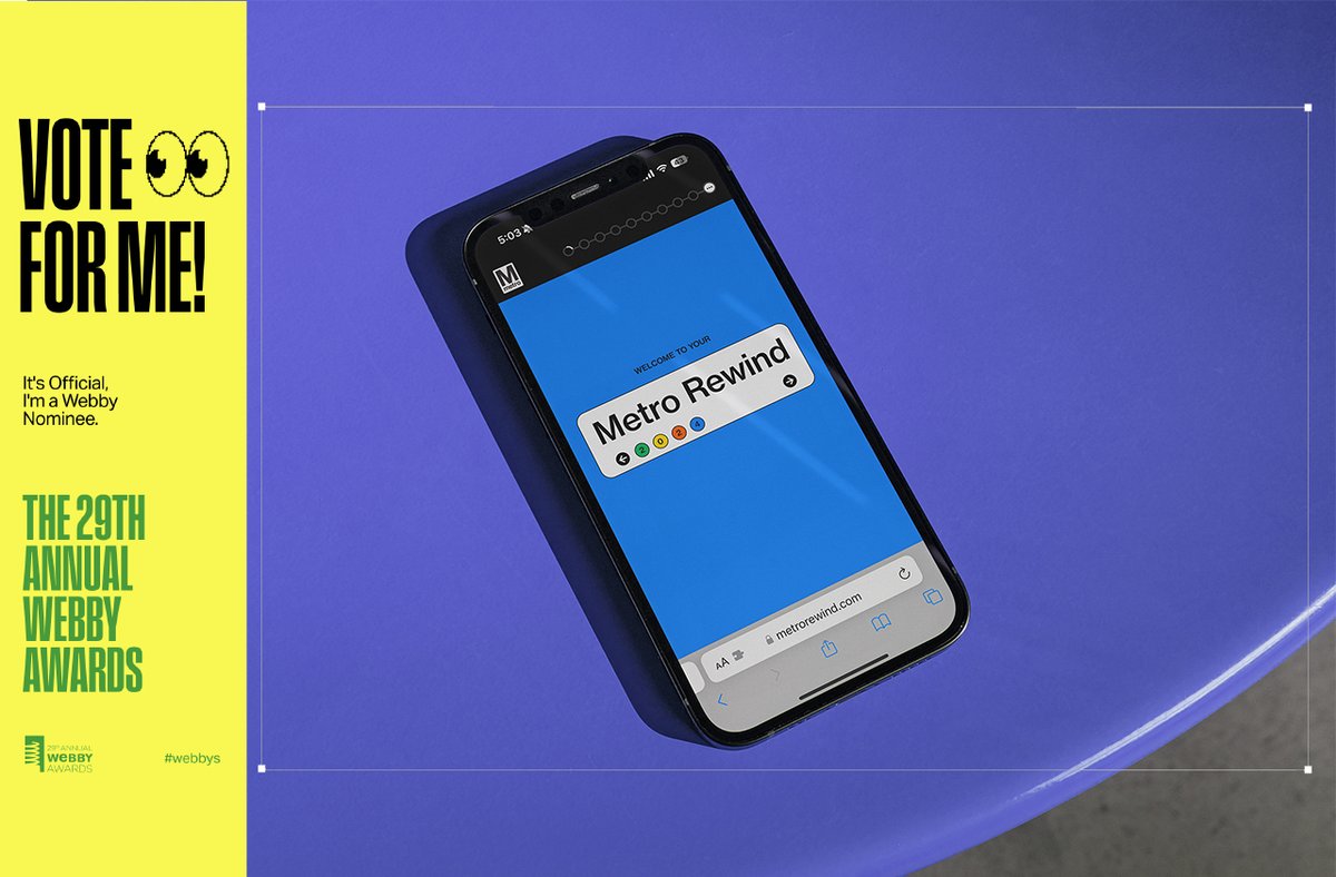 Big news! Metro Rewind, your personalized ridership report, is nominated for a Webby Award! <a href="/TheWebbyAwards/">The Webby Awards</a> is the leading international awards program honoring excellence on the internet. We think Metro Rewind fits that description 😌 If you do too, VOTE: link.wmata.com/3kUx50Vzaep