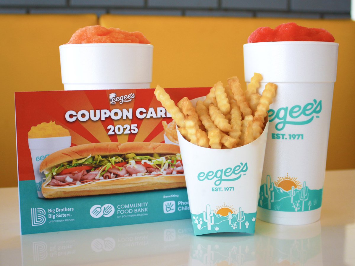 eegees (@eegees) on Twitter photo Giving Back ๐ค Delicious Deals
Pick up your Coupon Card today and start enjoying your monthly deals now- $15 for $60 in savings! Benefitting our awesome partners at <a href="/FriendsofPCH/">Phoenix Children's Foundation</a> <a href="/soazbigs/">Big Brothers Big Sisters of Southern Arizona</a> & <a href="/foodbankofsaz/">Community Food Bank of Southern Arizona</a> Giving Back ๐ค Delicious Deals
Pick up your Coupon Card today and start enjoying your monthly deals now- $15 for $60 in savings! Benefitting our awesome partners at <a href="/FriendsofPCH/">Phoenix Children's Foundation</a> <a href="/soazbigs/">Big Brothers Big Sisters of Southern Arizona</a> & <a href="/foodbankofsaz/">Community Food Bank of Southern Arizona</a>