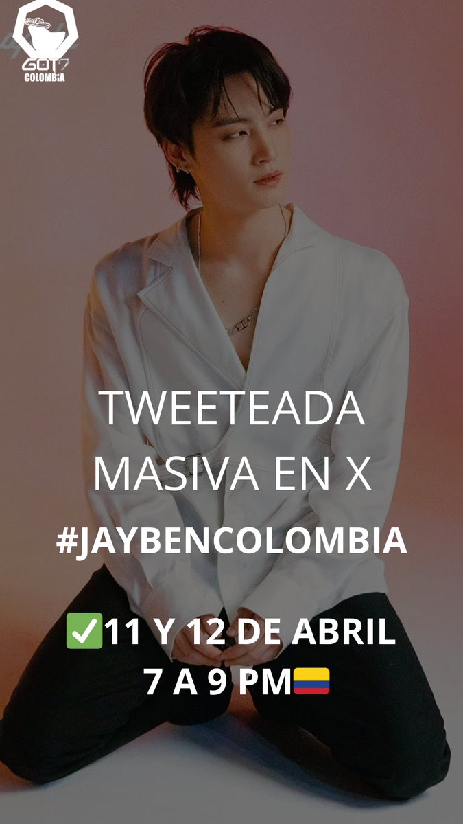 GOT7_Colombia's tweet photo. [SOLICITUD DE JAYB EN 🇨🇴]

Ahgase🐥 las invitamos a participar el día de hoy a una Twitteada masiva en X para solicitar el Tour TAPE RE LOAD de JayB en nuestro país 🇨🇴 

Recuerda usar los #:
#JayBenColombia
#TAPERELOADINCOLOMBIA

-Staff GOT7 COLOMBIA 🇨🇴 https://t.co/uRknkKkPtC