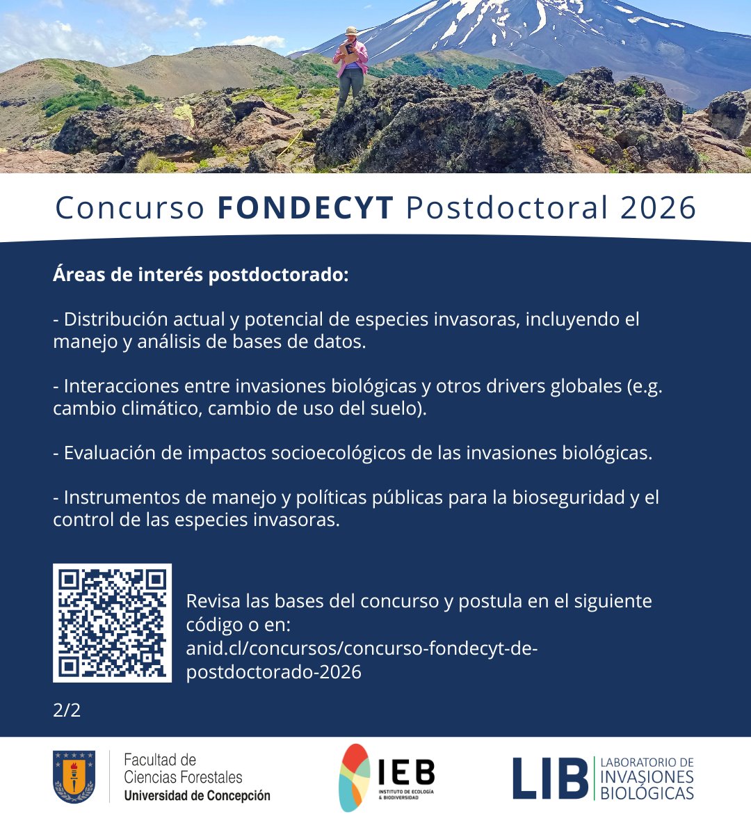 Invitamos a investigadores/as a postular al concurso FONDECYT POSTDOCTORADO 2026 para integrarse a nuestro equipo de investigación, para desarrollar proyectos científicos de excelencia en temas relacionados a las invasiones biológicas y sus impactos sobre la biodiversidad