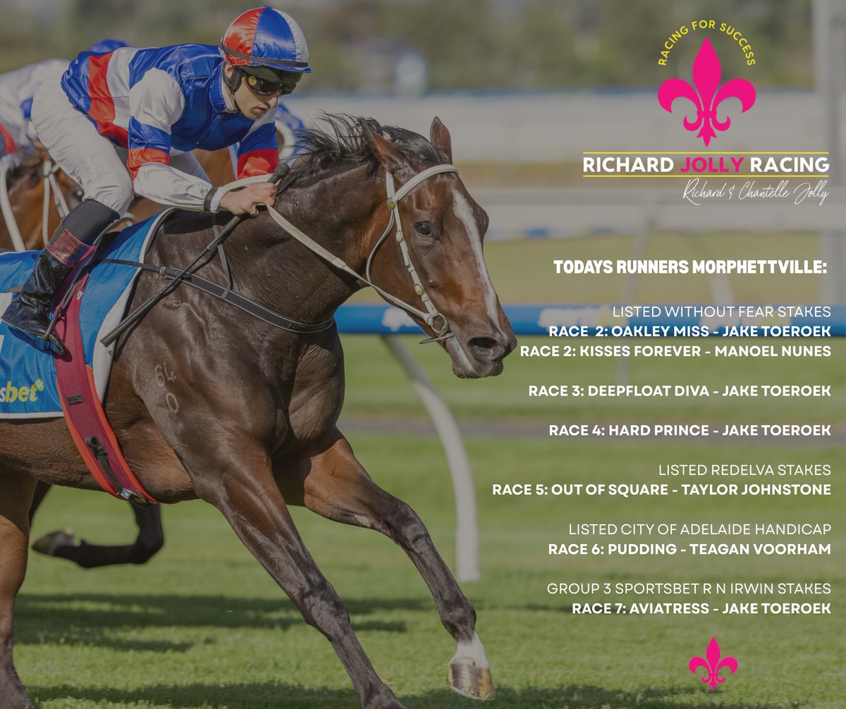A busy day at Morphettville today! Oakley Miss, Deepfloat Diva, Hard Prince &amp; Aviatress all go around with Jake Toeroek aboard. Out Of Square teams up once again with Taylor Johnstone in R5, and Pudding runs in R6 with Teagan Voorham. Best of luck to all connections ⚜️